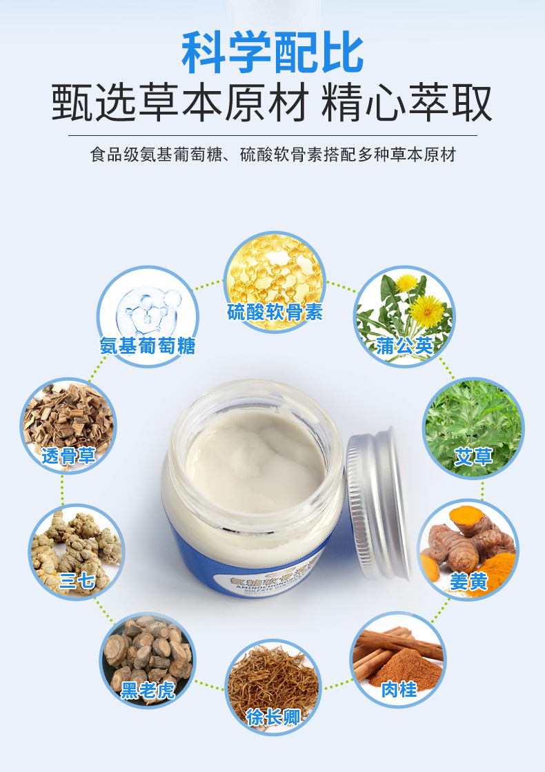 科學配比，甄選草本原材精心萃取，食品級氨基葡萄糖、硫酸軟骨素搭配多種草本原材